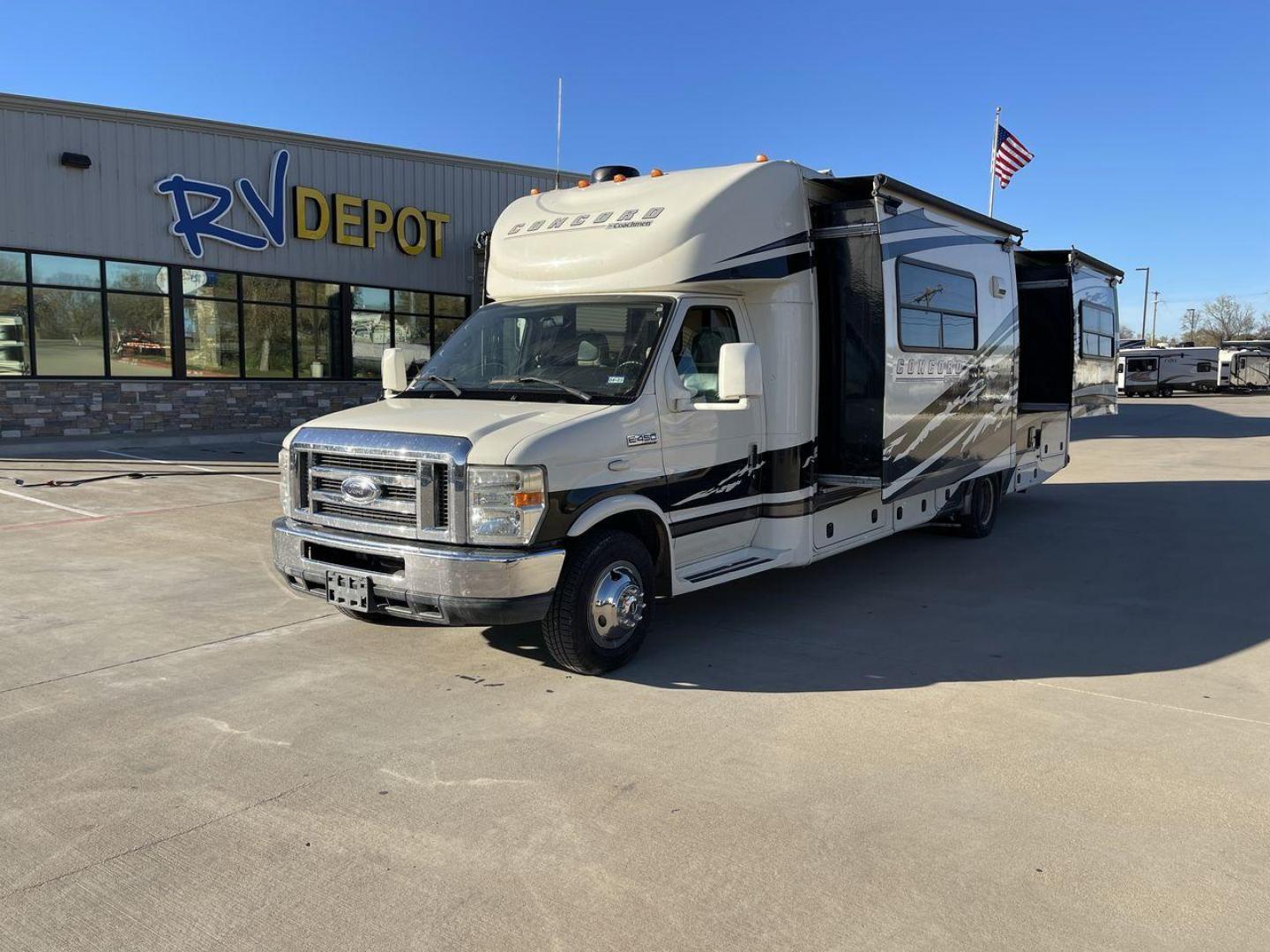 2011 WHITE COACHMEN CONCORD 300TS (1FDEX4FS9BD) , Length: 30.83 ft. | Dry Weight: 12,110 lbs. | Gross Weight: 14,500 lbs. | Slides: 3 transmission, located at 4319 N Main St, Cleburne, TX, 76033, (817) 678-5133, 32.385960, -97.391212 - The 2011 Coachmen Concord 300TS, a class C motorhome that redefines travel comfort and convenience. With a length of 31 feet, this well-maintained model is built on a Ford E450 chassis, powered by a dependable Triton V10 engine, ensuring a smooth and reliable journey. The Concord 300TS features thre - Photo#0