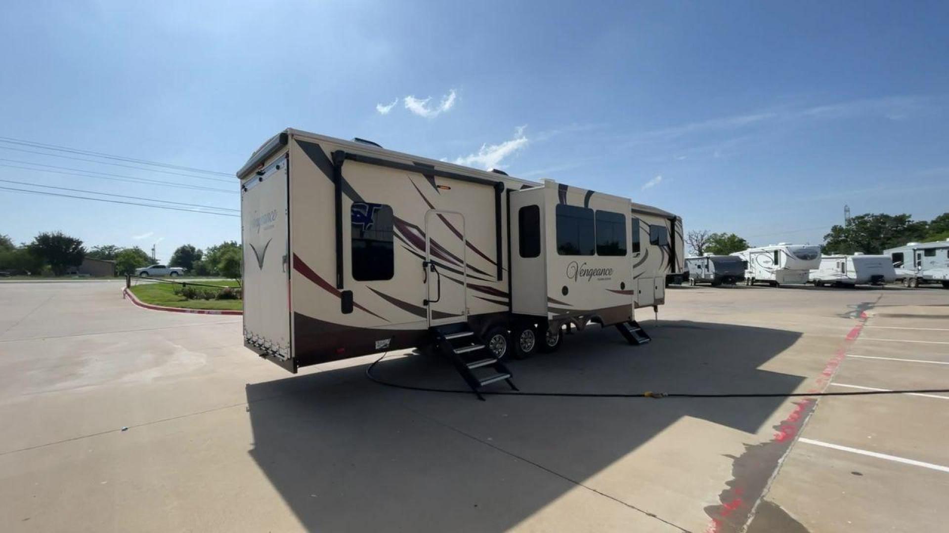 2016 FOREST RIVER VENGEANCE 38L12 (4X4FVGP36GR) , Length: 42.83 ft | Dry Weight: 14,814 lbs | Gross Weight: 18,000 lbs | Slides: 3 transmission, located at 4319 N Main St, Cleburne, TX, 76033, (817) 678-5133, 32.385960, -97.391212 - The 2016 Forest River Vengeance 38L12 is a luxury fifth-wheel toy hauler that provides a spacious and comfortable living area for all of your activities. With a length of roughly 42.83 feet and a dry weight of 14,814 pounds, this RV offers enough space and durability to meet your demands. With an al - Photo#1