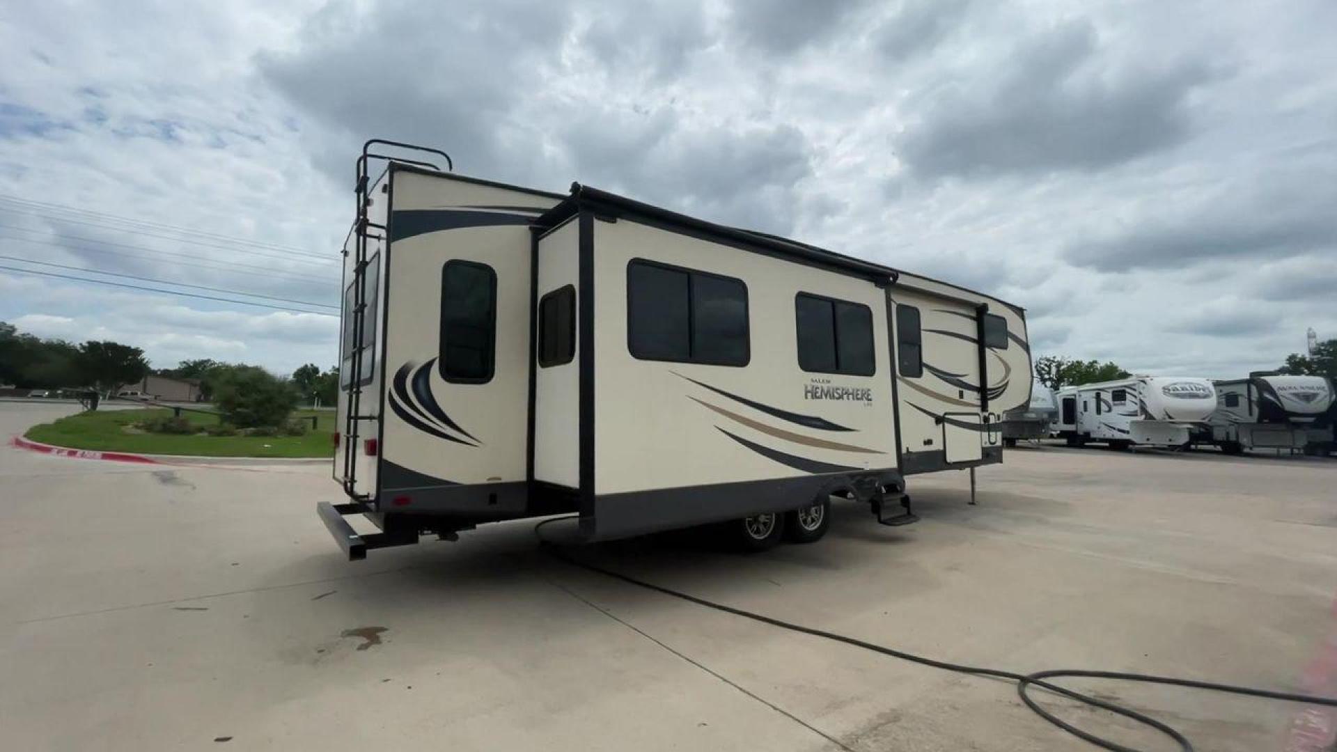 2017 TAN HEMISPHERE 337BAR (4X4FSBK25HV) , Length: 39.58 ft. | Dry Weight: 10,069 lbs. | Slides: 3 transmission, located at 4319 N Main St, Cleburne, TX, 76033, (817) 678-5133, 32.385960, -97.391212 - This 2017 Forest River Salem Hemisphere Lite 337BAR fifth wheel measures 39.58 feet. It is a dual axle, aluminum wheel setup with electric drum brakes. Its dry weight is 10,069 lbs, its payload capacity is 2,321 lbs, and its hitch weight is 1,990 lbs. The fiberglass exterior is painted white with bl - Photo#22