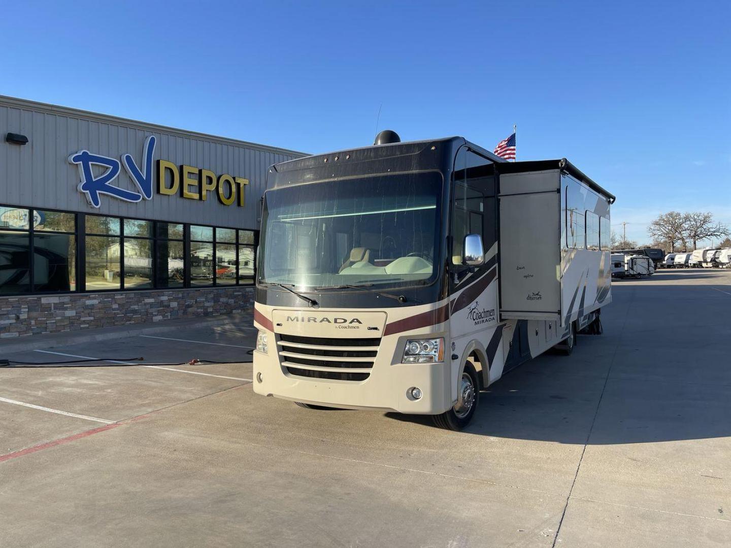 2018 COACHMEN MIRADA 35LS (1F66F5DY7H0) , Length: 36.83 ft. | Gross Weight: 22,000 lbs. | Slides: 2 transmission, located at 4319 N Main St, Cleburne, TX, 76033, (817) 678-5133, 32.385960, -97.391212 - Here are additional factors highlighting why owning this RV is a superb choice. (1) It has The super durable Tread LiteTM Power which the step makes it easy to board and exit safely. (2) It is designed for improved fuel efficiency, with MAX TURN high-gloss fiberglass front cap. (3) Effortlessly - Photo#0