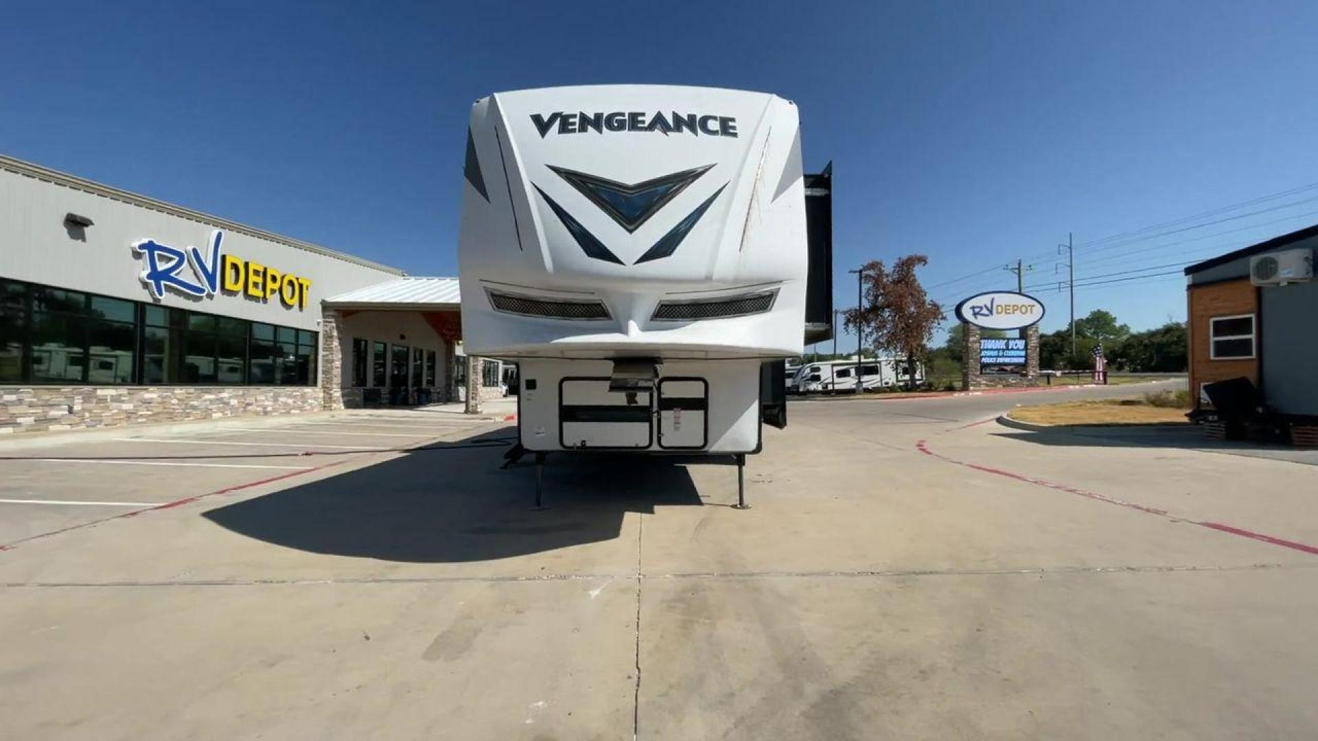 2019 FOREST RIVER VENGEANCE 377V (5ZT3VG3F1K6) , Length: 42.33 ft. | Dry Weight: 13,275 lbs. | Gross Weight: 18,000 lbs. | Slides: 3 transmission, located at 4319 N Main St, Cleburne, TX, 76033, (817) 678-5133, 32.385960, -97.391212 - The 2019 Forest River Vengeance 377V is not just a toy hauler, it offers a seamless fusion of luxury, versatility, and the rugged capability to carry your prized toys. The trailer comes with an expansive garage area. With a generous cargo space, you can bring along your ATVs, motorcycles, bicycles, - Photo#1