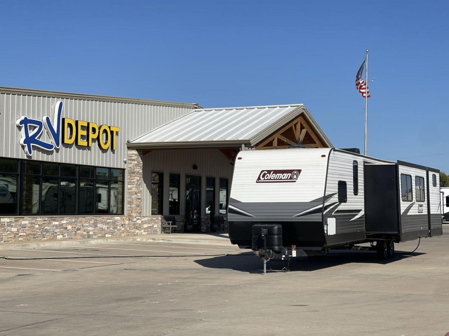 2021 DUTCHMEN COLEMAN 337BH (4YDT33723MH) , Length: 37.92 ft. | Dry Weight: 8,481 lbs. | Slides: 3 transmission, located at 4319 N Main St, Cleburne, TX, 76033, (817) 678-5133, 32.385960, -97.391212 - The 2021 Dutchmen Coleman 337BH, stretching 37.92 feet in length and weighing 8,481 lbs, showcases a sleek exterior designed for functionality and style. With its gray and black color scheme accented by the Coleman branding, this RV has a sturdy, aerodynamic front and a solid frame for durability. T - Photo#0