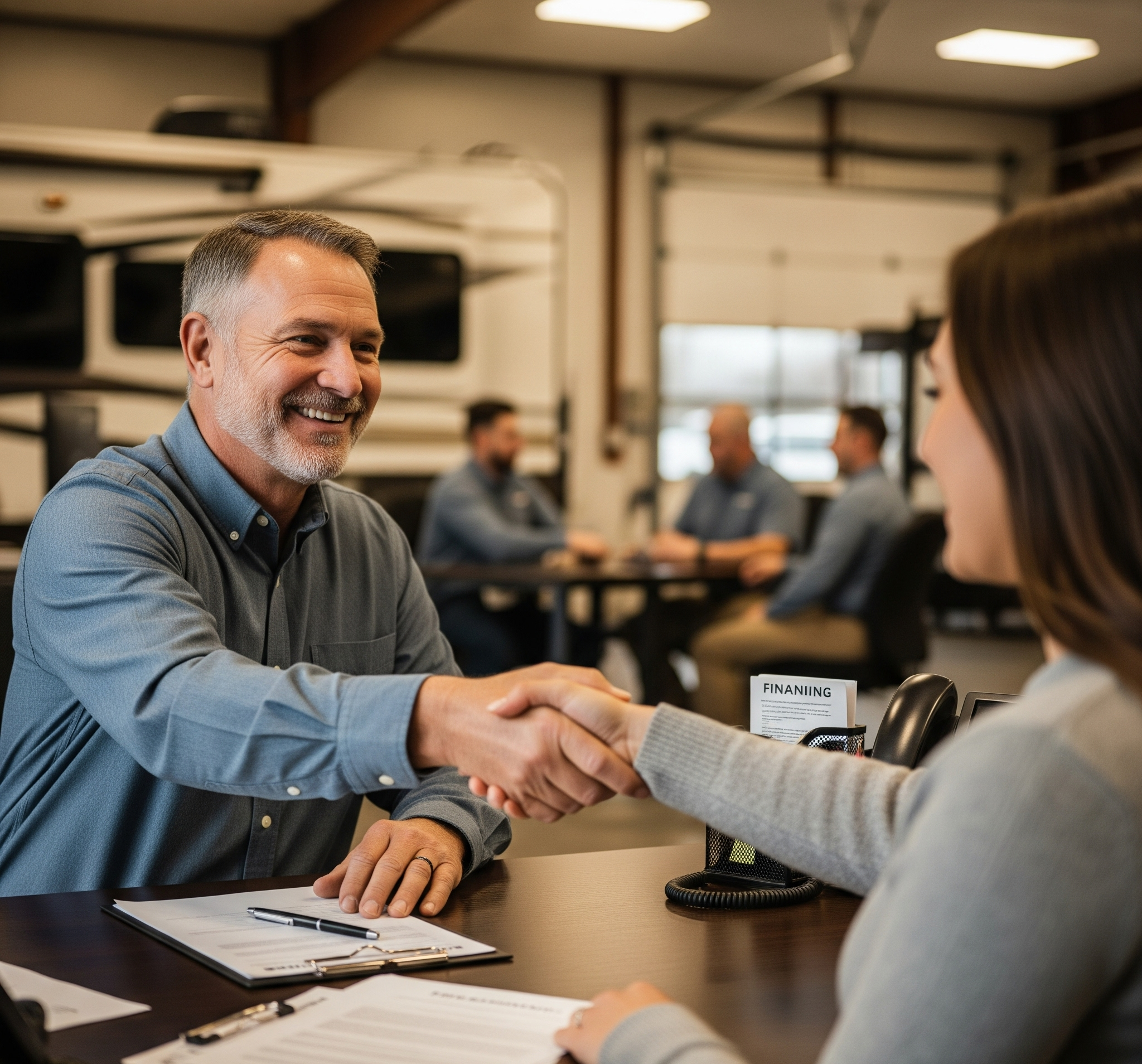 Man and woman shaking hands signing a contract