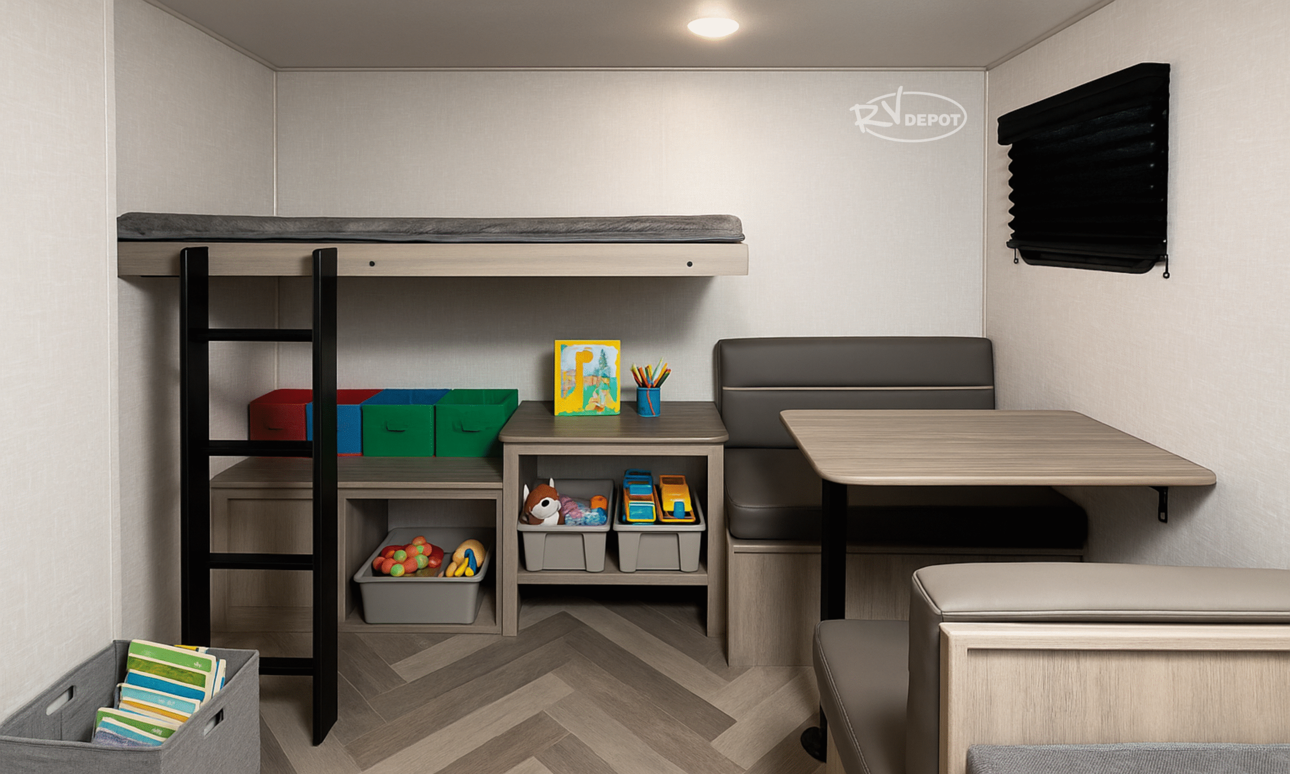 Bunk Room for Kids with Toy Shelf