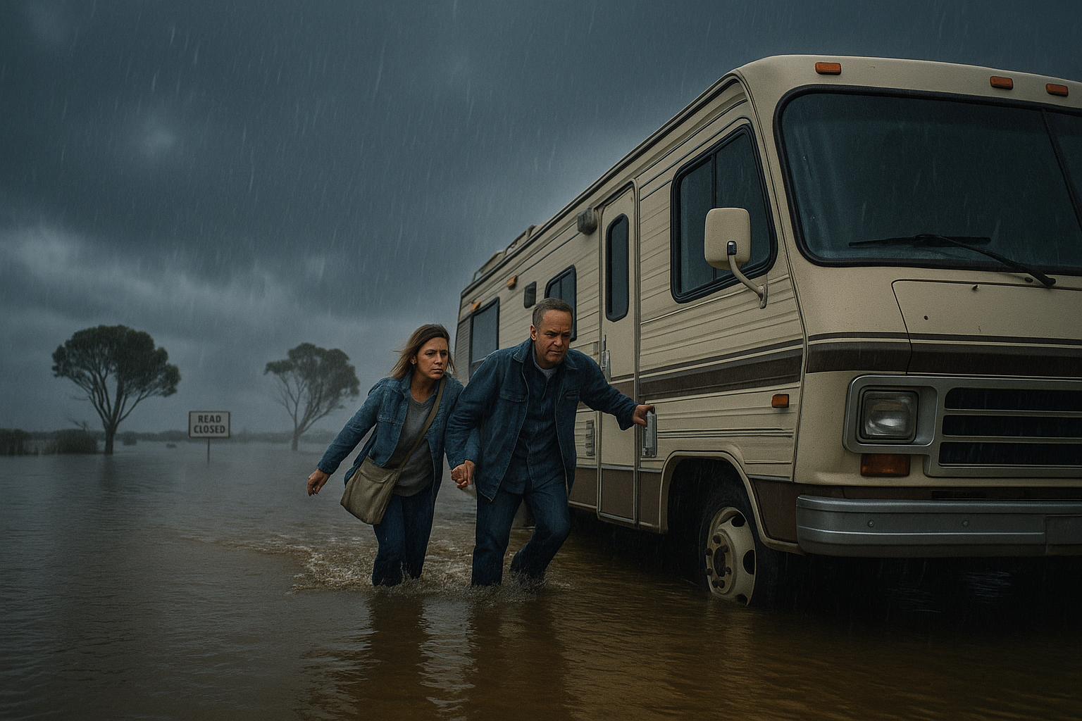 Couple Getting Out of Storm