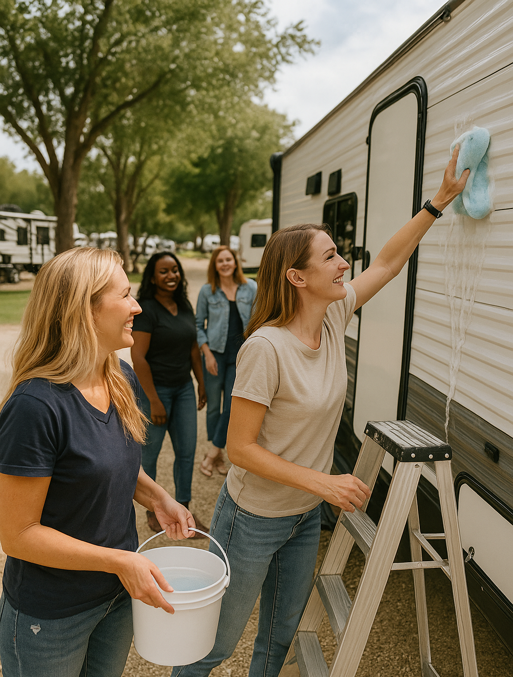 Women cleaning an RV Exterior