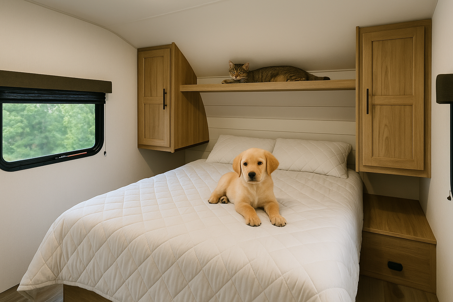 Dog and Cating in RV Bed Room