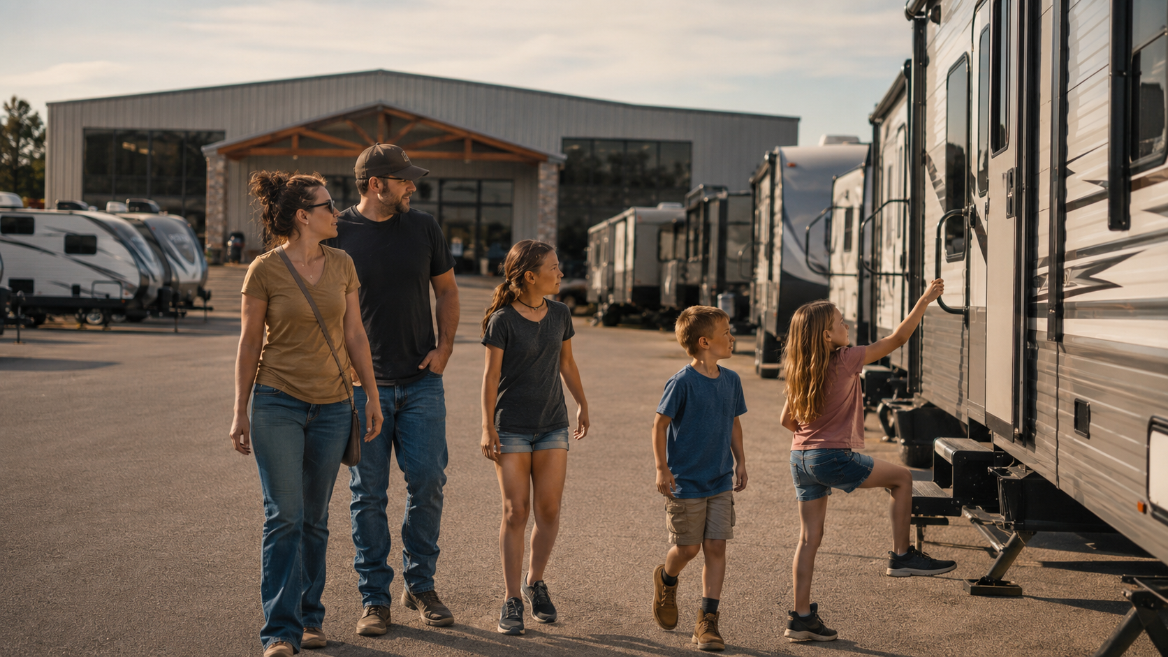Family exploring RVs on the lot at RV Depot Supercenter in Cleburne, Texas