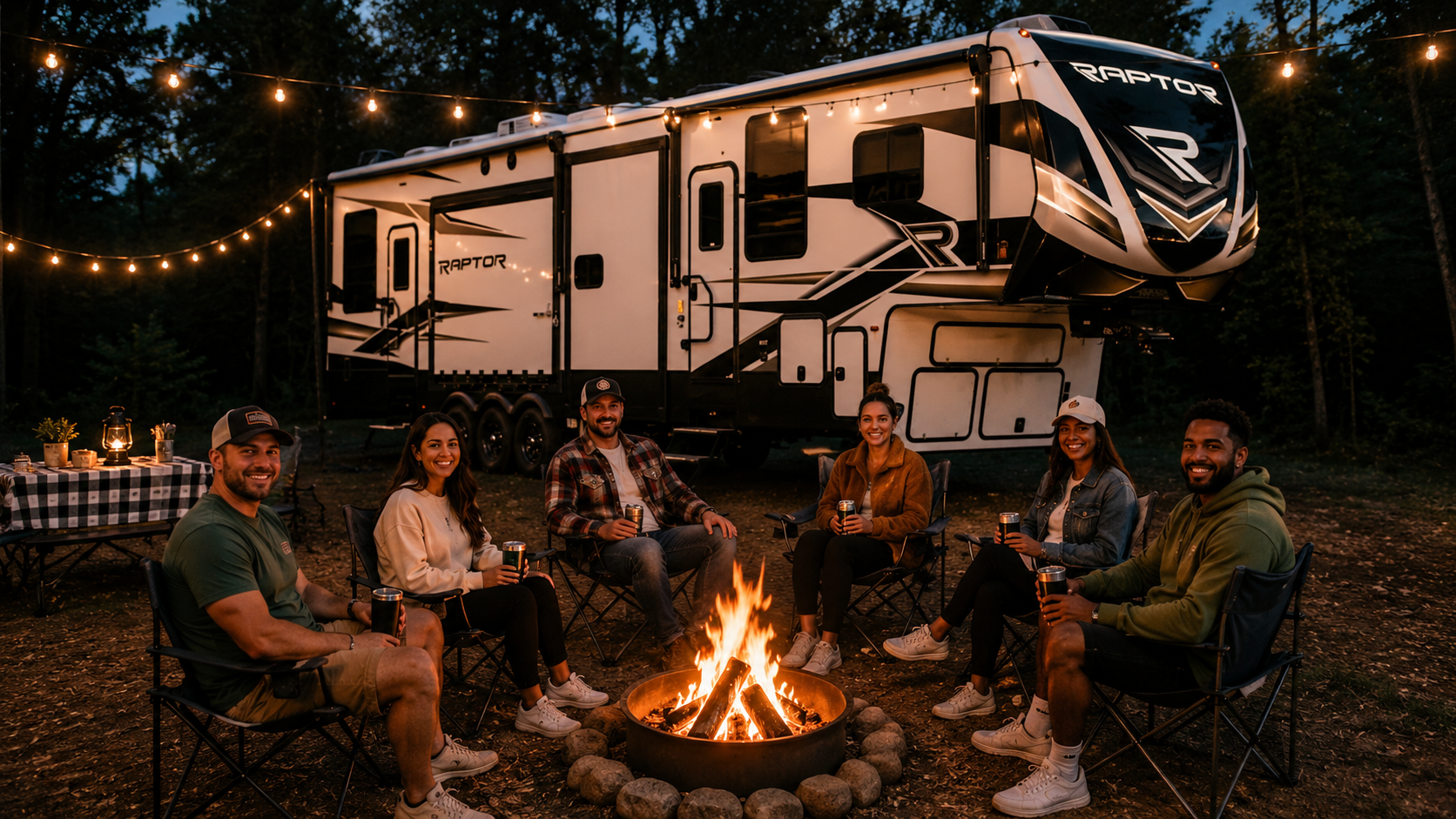 Friends gathered around a campfire at a Texas RV park in the evening