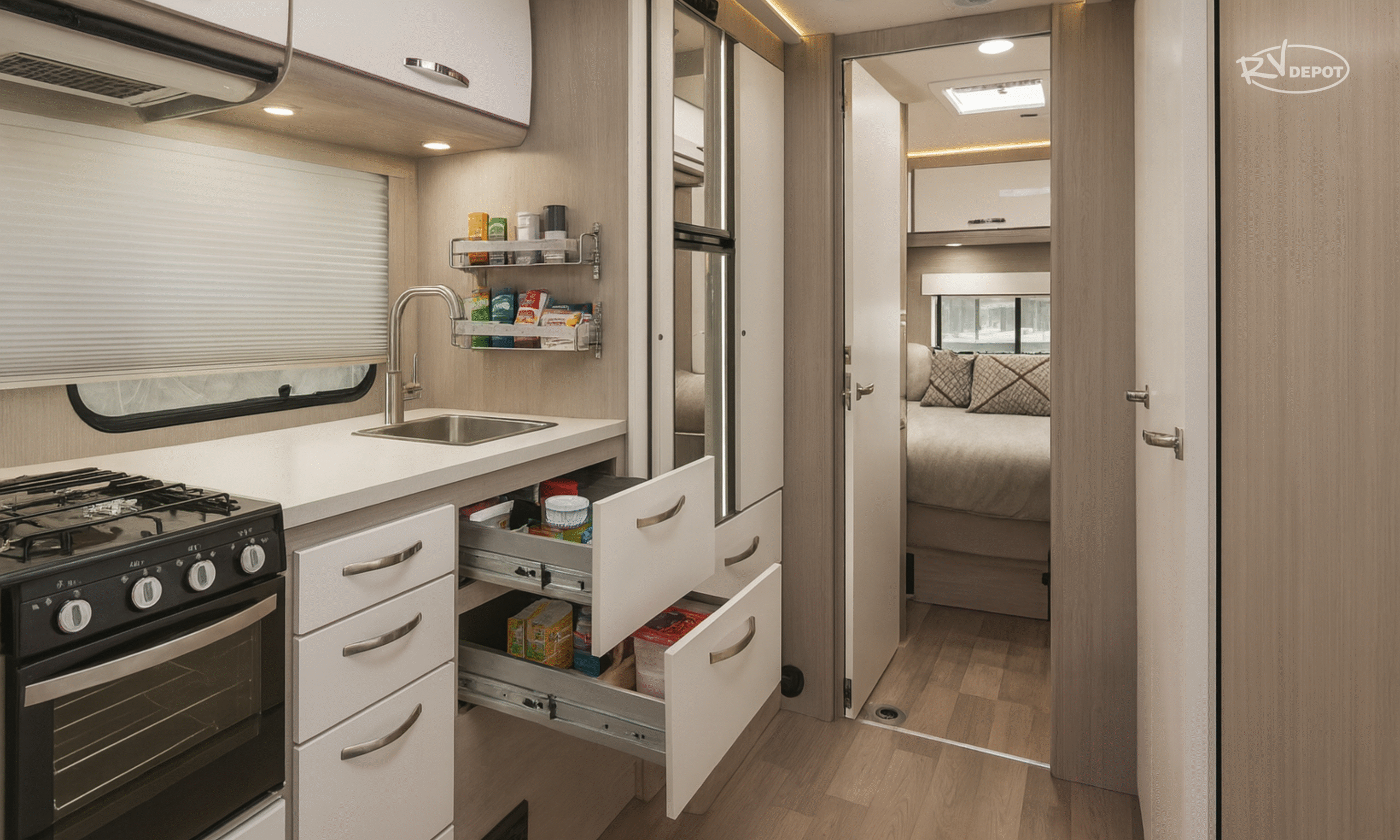 Inside RV Kitchen for Extra Storage Use Shelves
