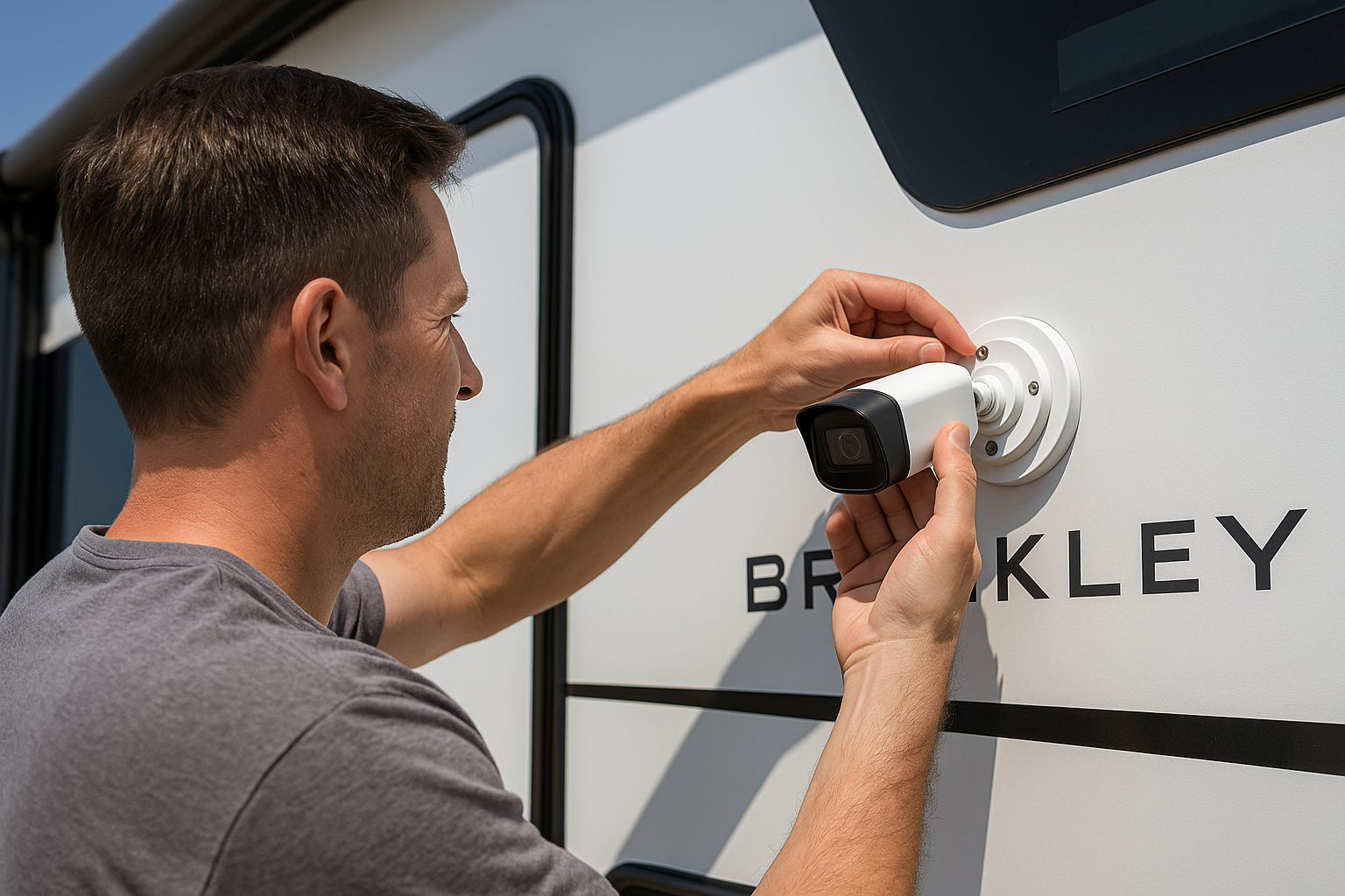 Man adding security camera to RV