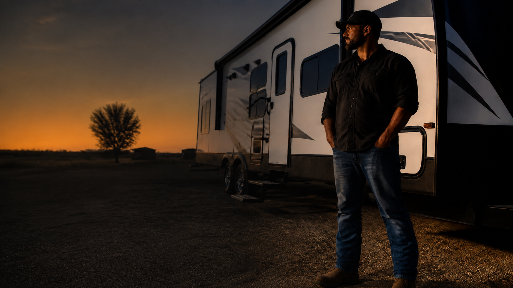 RV Depot - Man and RV at Sunset Traveling worker and his RV at sunset after a shift