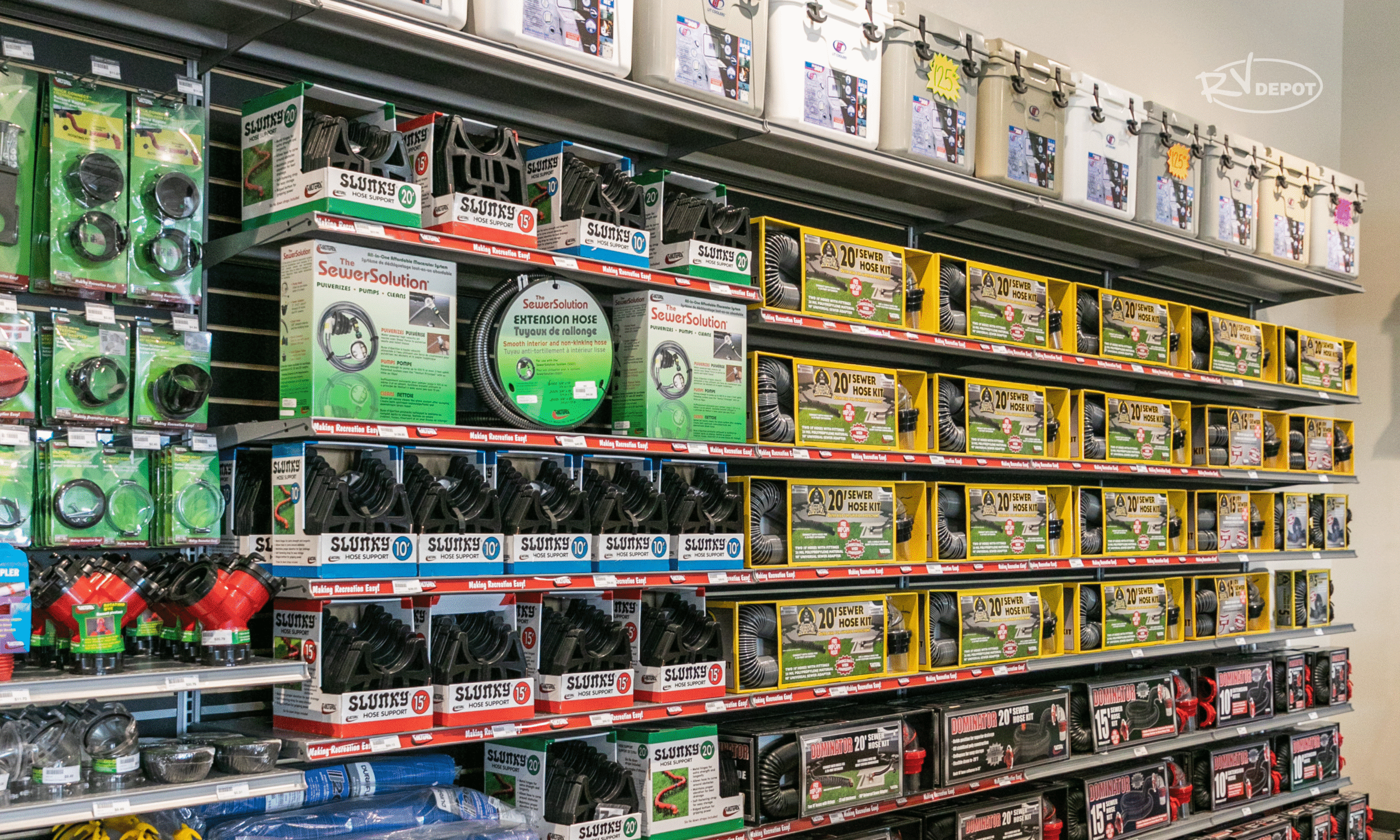 RV Depot Part Store Shelf with RV sewer care