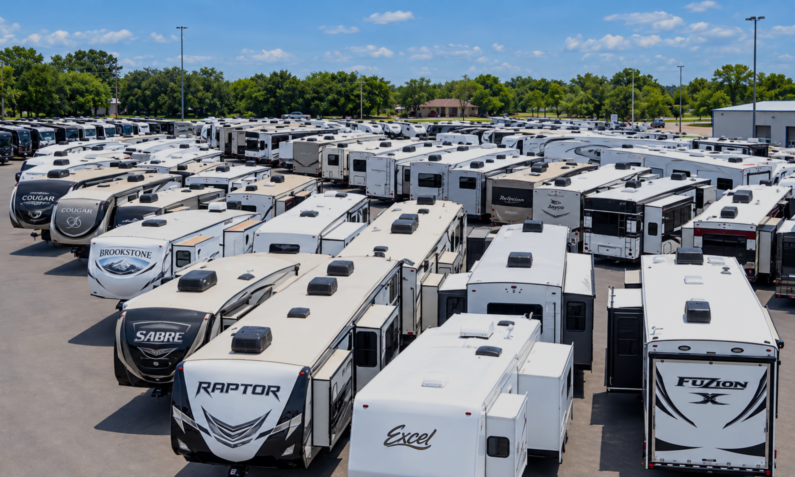 Rows of travel trailers and fifth wheels on the RV Depot inventory lot