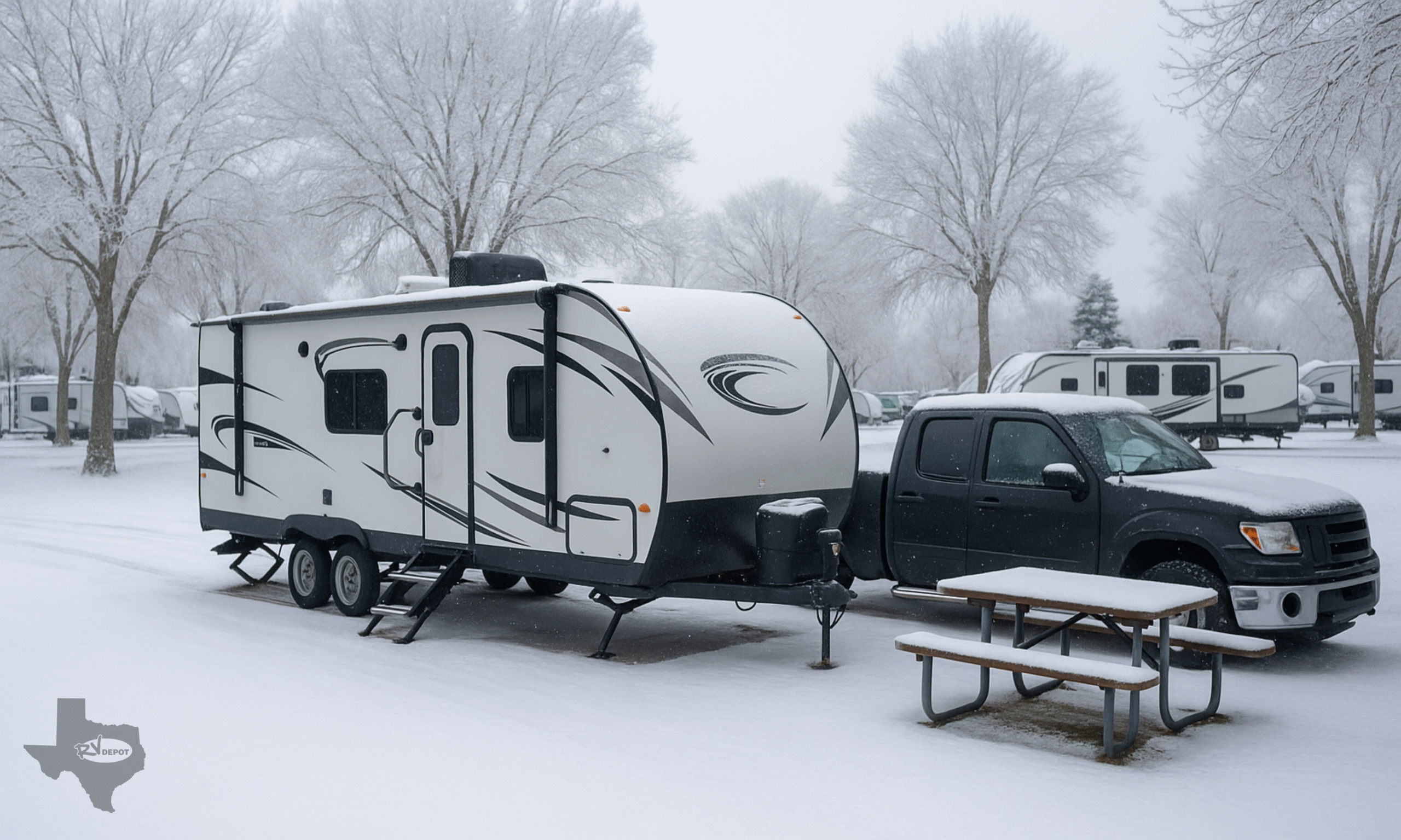 RV Depot - Truck and Bumper Pull RV in Winter AI Image scaled Truck and Bumper Pull RV in Winter