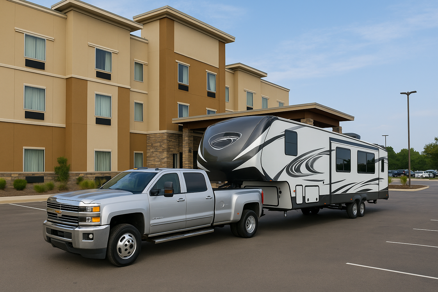 RV Depot - Truck pulling RV at Hotel Truck pulling RV at Hotel