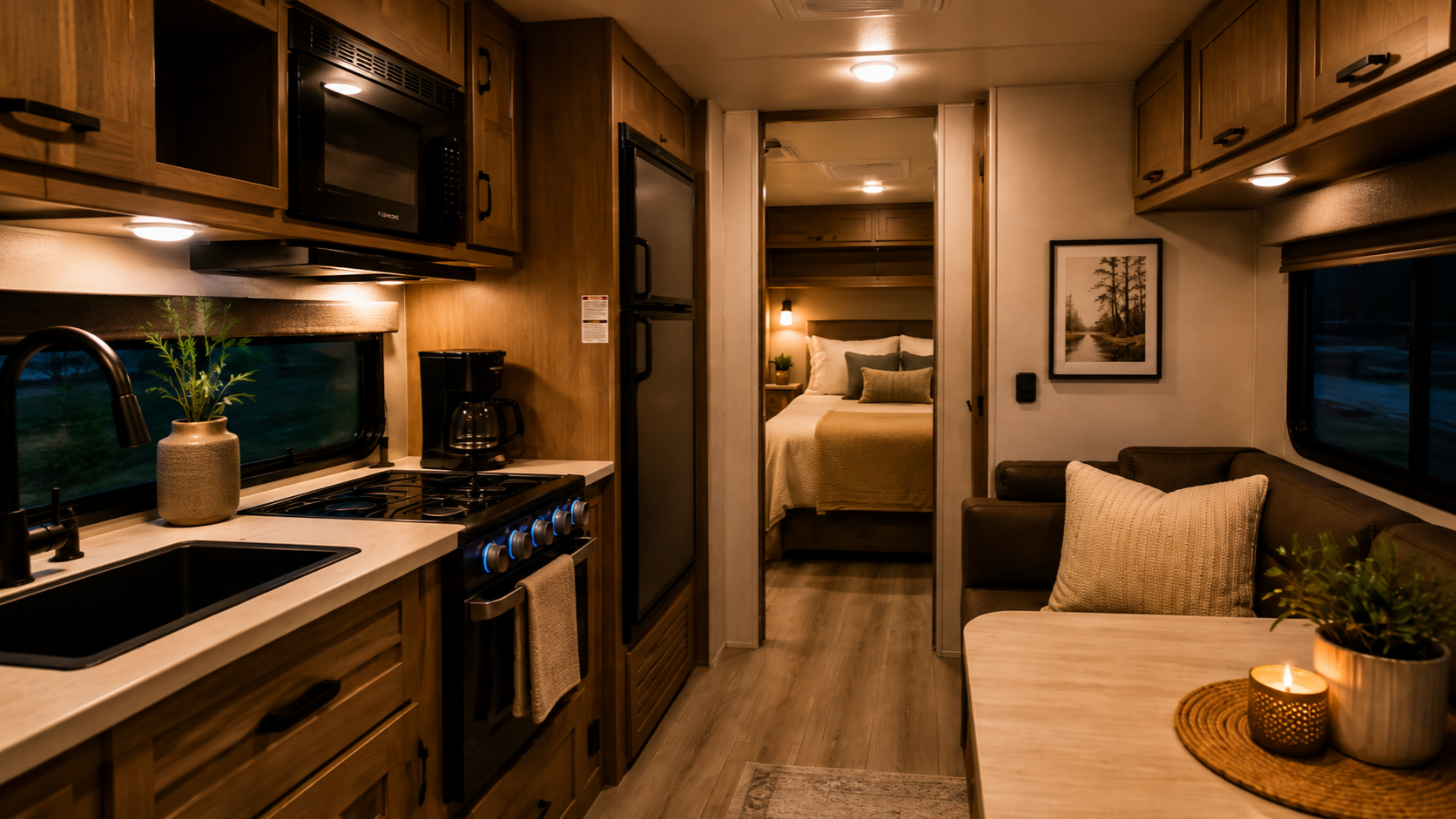 Warm RV interior at dusk with a kitchen, dinette and bedroom