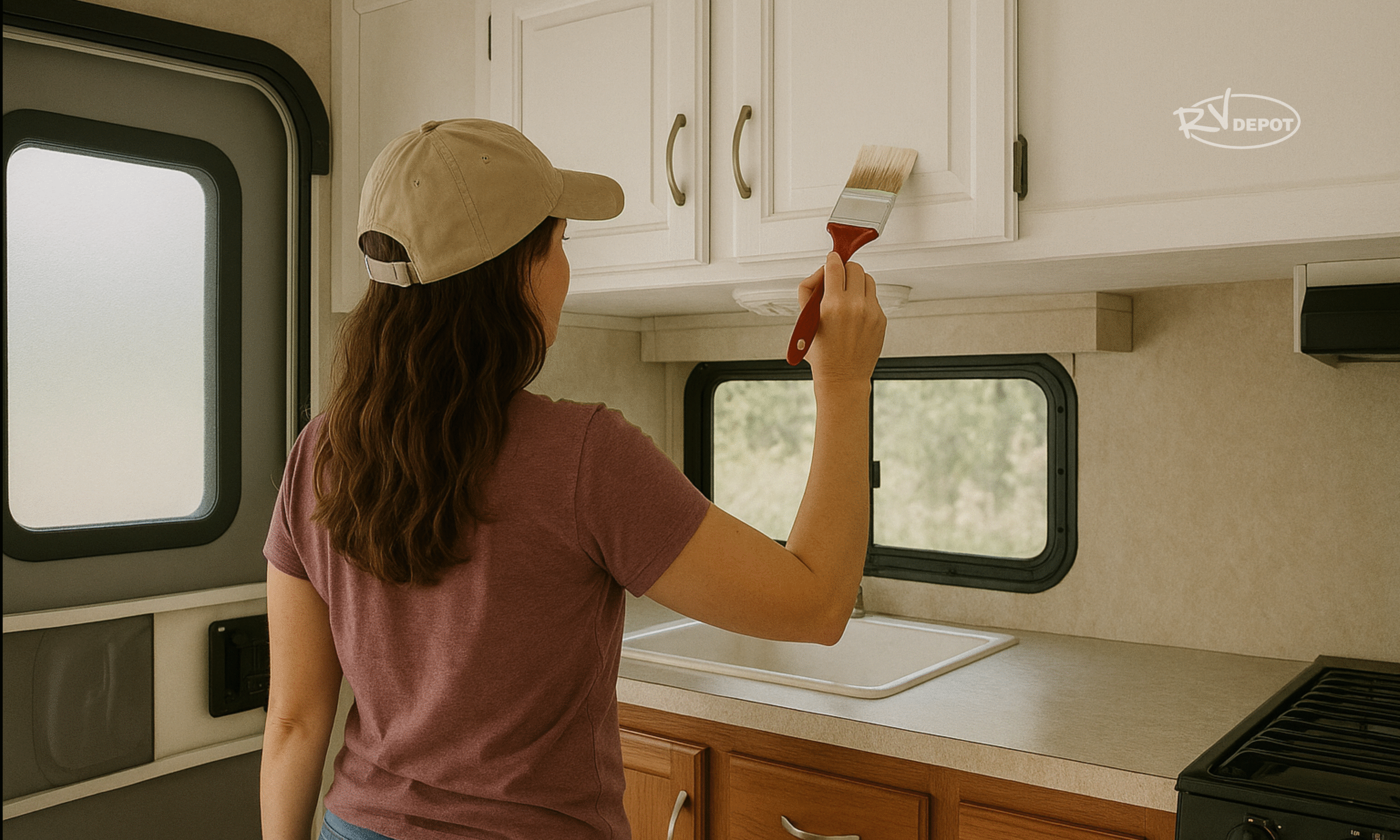 Woman Paining Cabinets in RV 