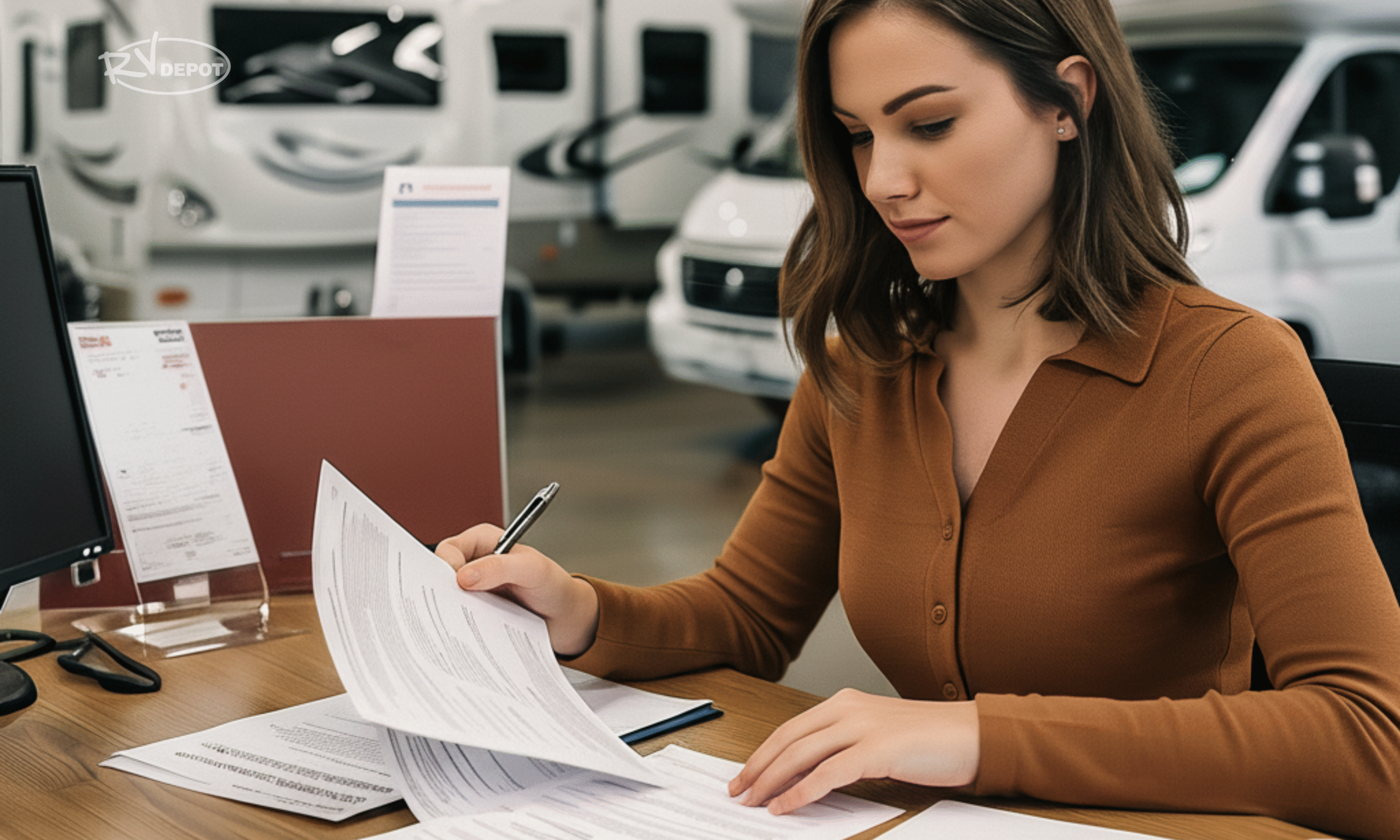 RV Depot - Woman working on Credit Paperwork AI Image scaled Woman working on Credit Paperwork