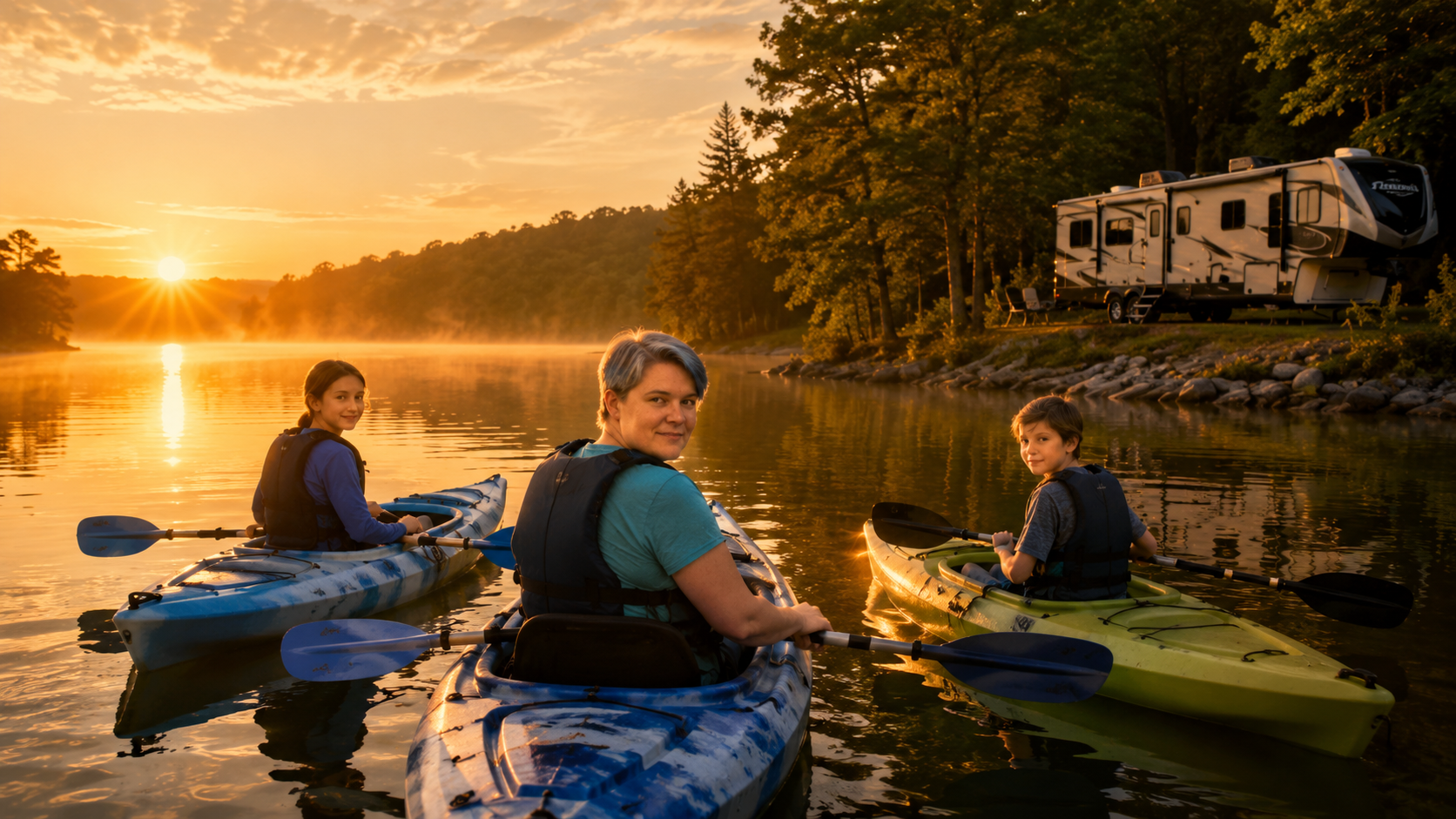 Kayaker paddling on glassy water at sunrise near a Texas RV park