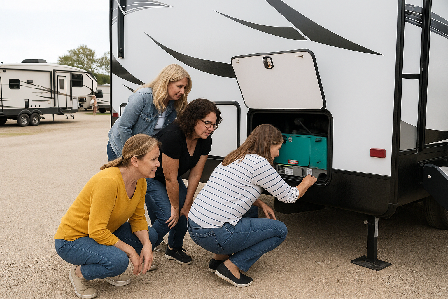 RV Depot - women checking generator women checking generator on an rv